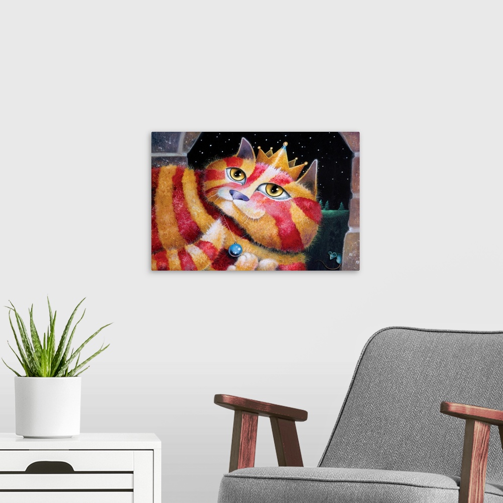 A modern room featuring Painting of a gold and red striped cat wearing a crown and blue necklace.