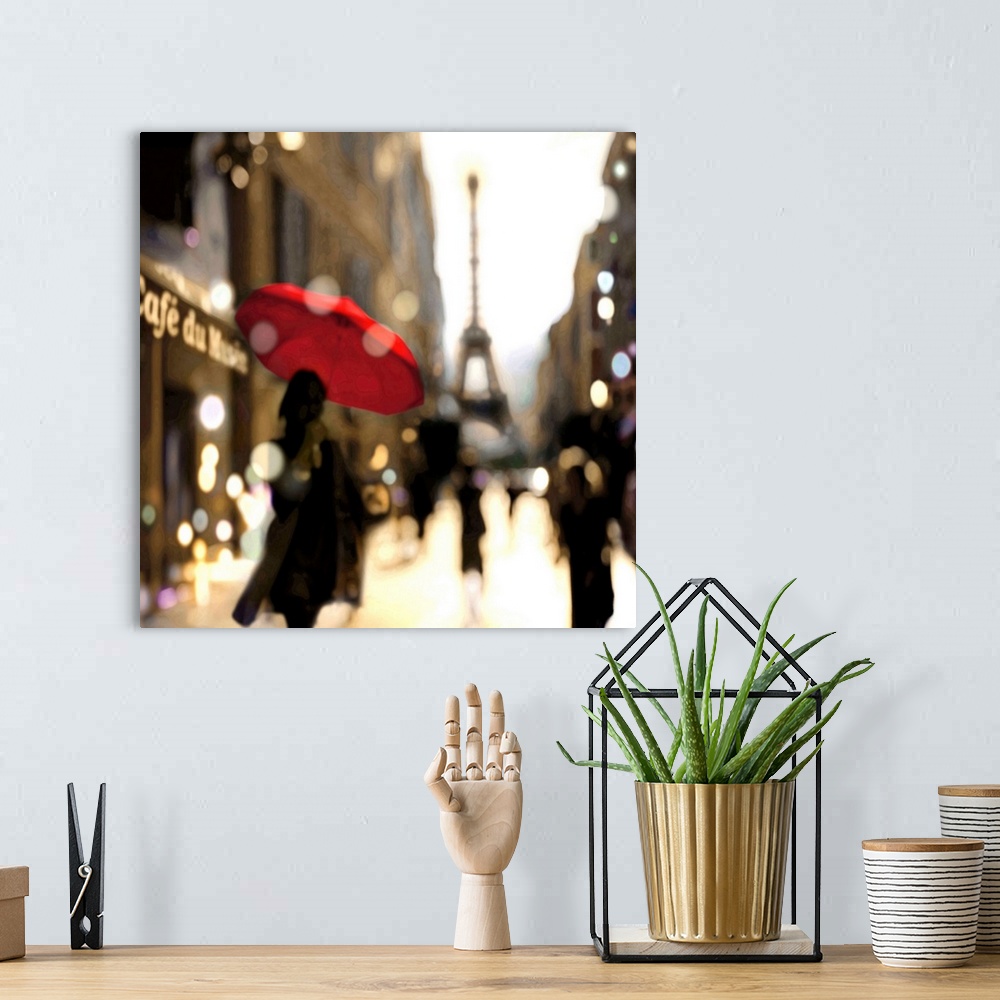 A bohemian room featuring Blurred square illustration of a figure walking down a Paris street carrying a red umbrella with ...