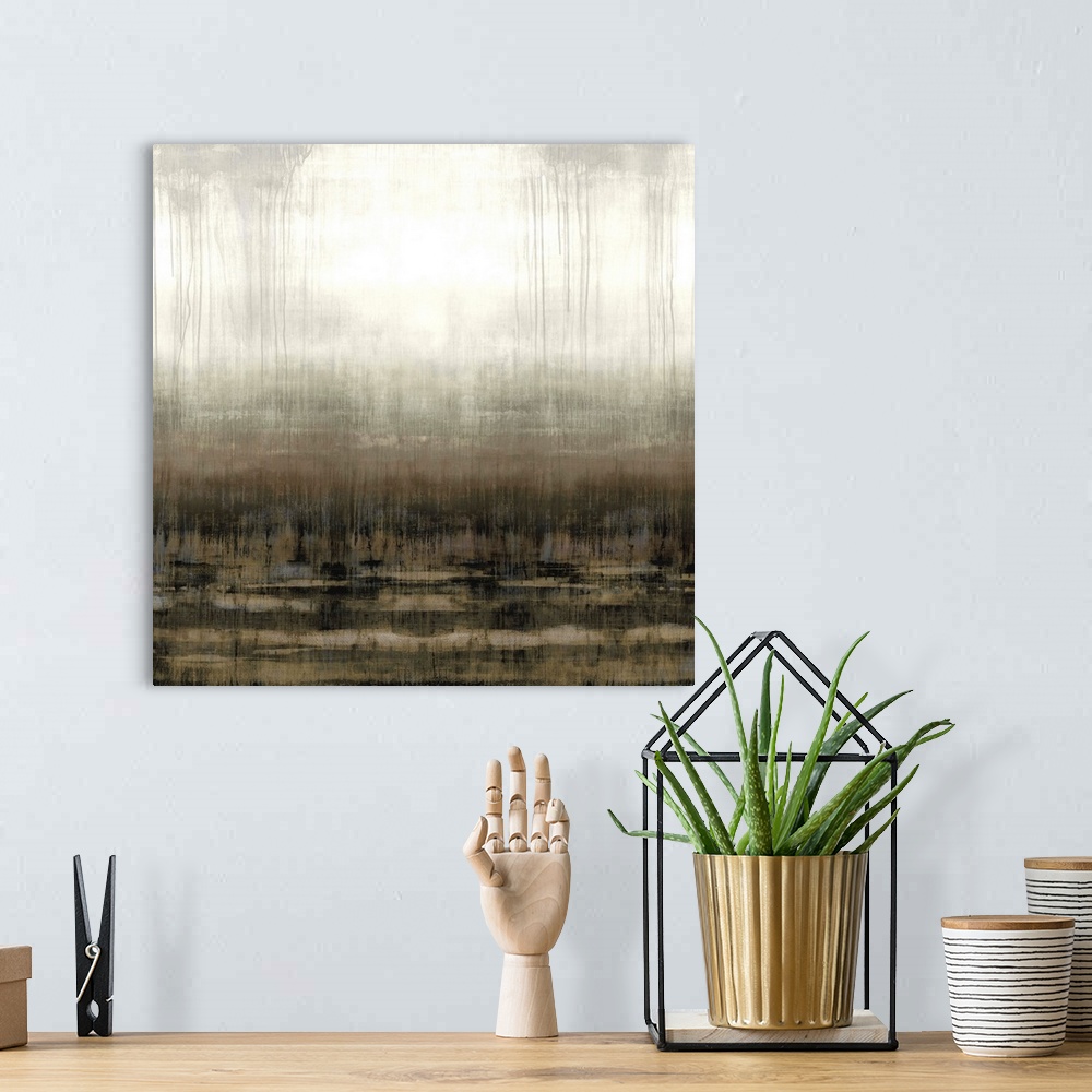 A bohemian room featuring Square abstract painting in shades of gray, brown, and white.