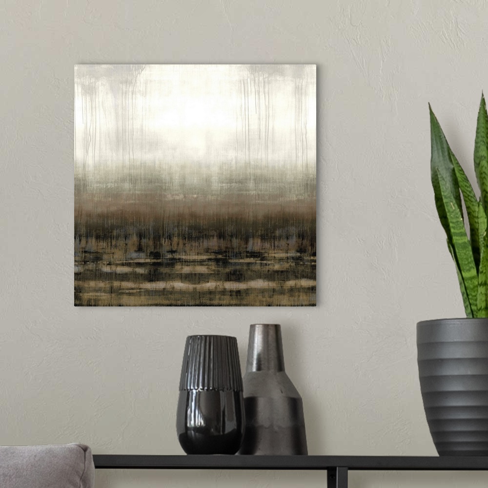 A modern room featuring Square abstract painting in shades of gray, brown, and white.