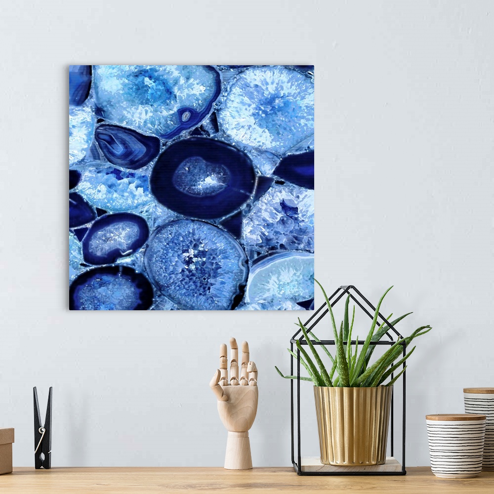 A bohemian room featuring Square decor with beautiful blue agate placed closely together to take up the entire canvas.