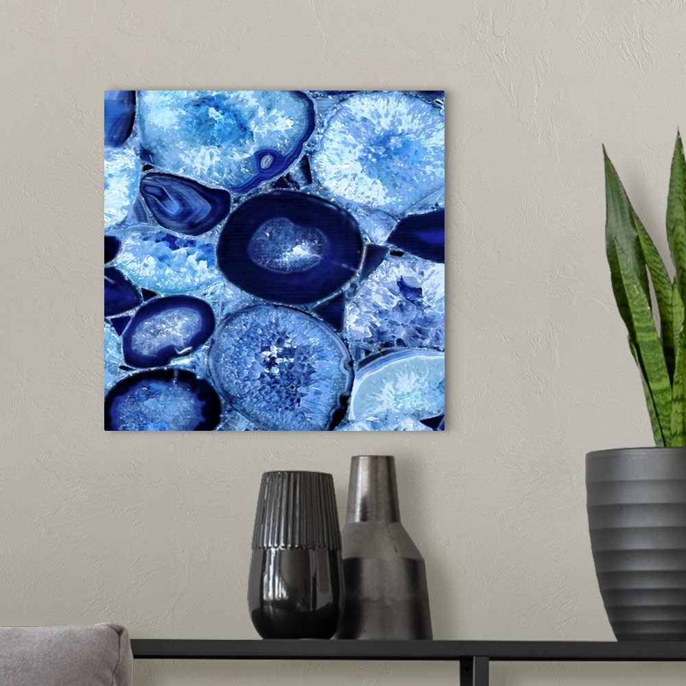 A modern room featuring Square decor with beautiful blue agate placed closely together to take up the entire canvas.