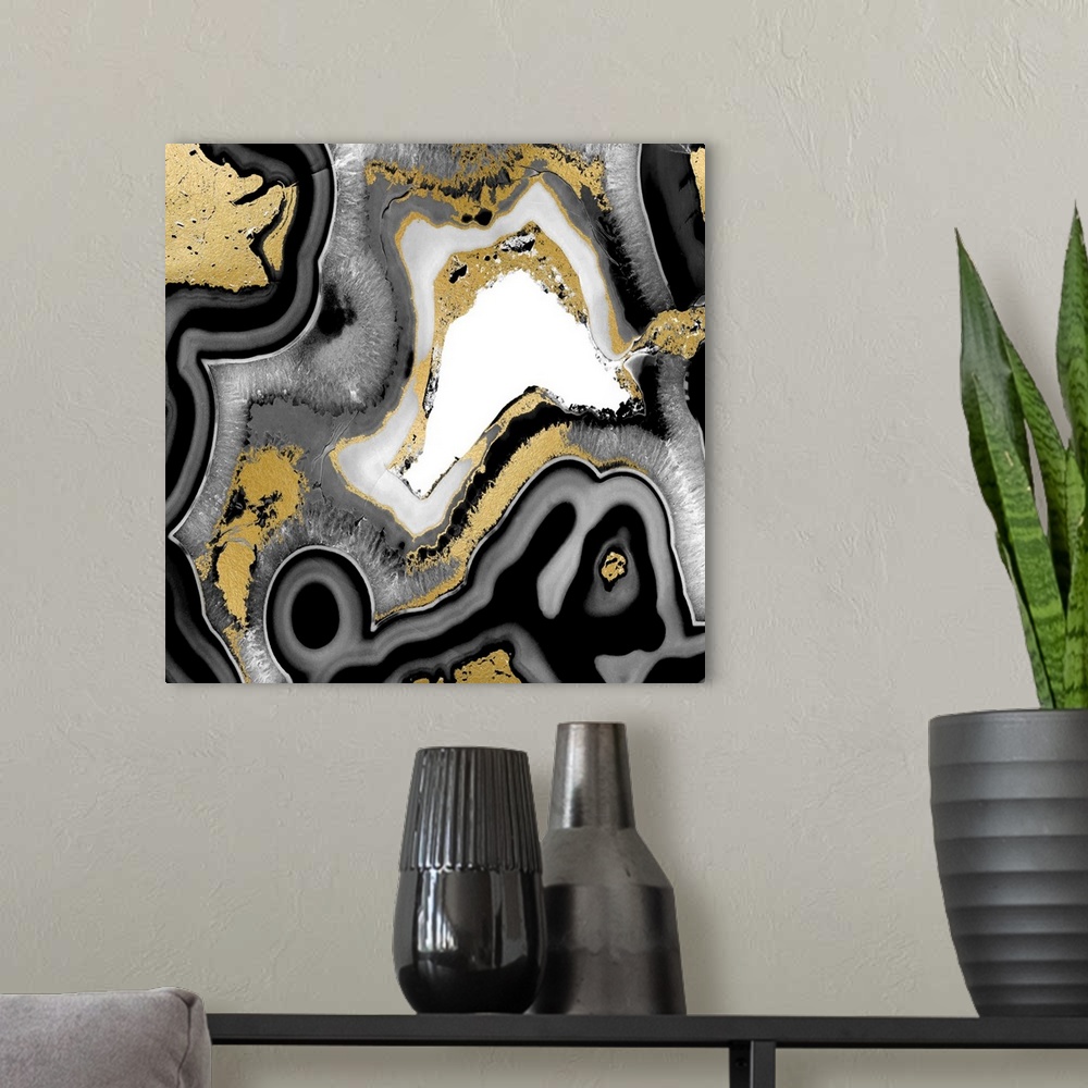 A modern room featuring Square decor with a gold, white, gray, and black agate patter.
