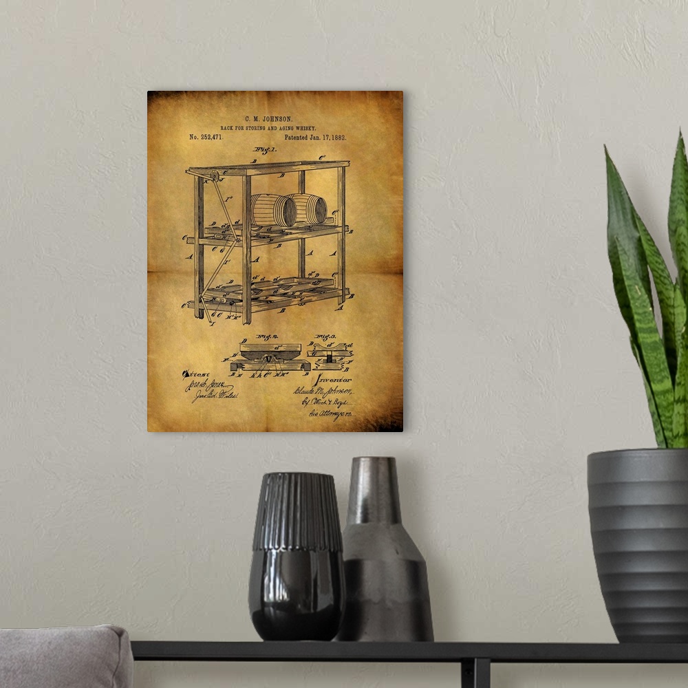 A modern room featuring Antique blueprint of the process to age whisky, patented January 17, 1882.