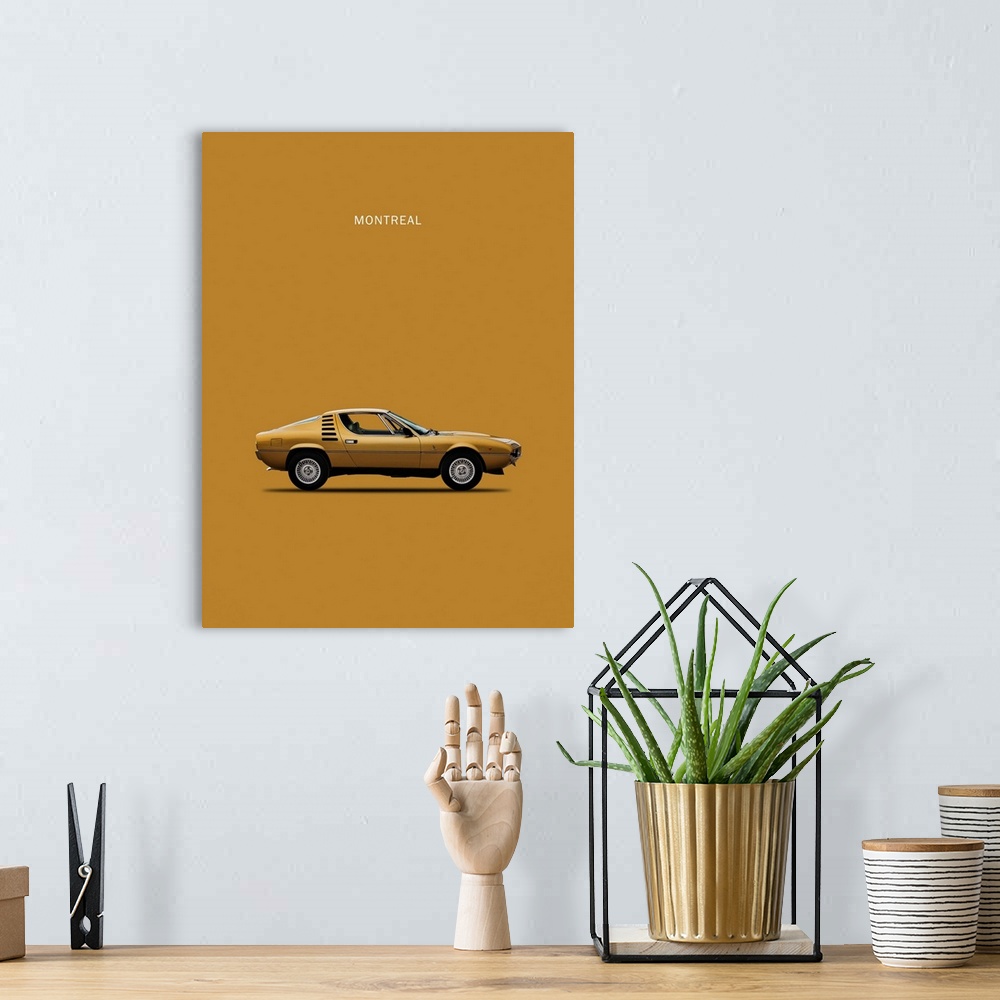A bohemian room featuring Photograph of a gold Alfa Romeo Montreal 1972 printed on a gold background