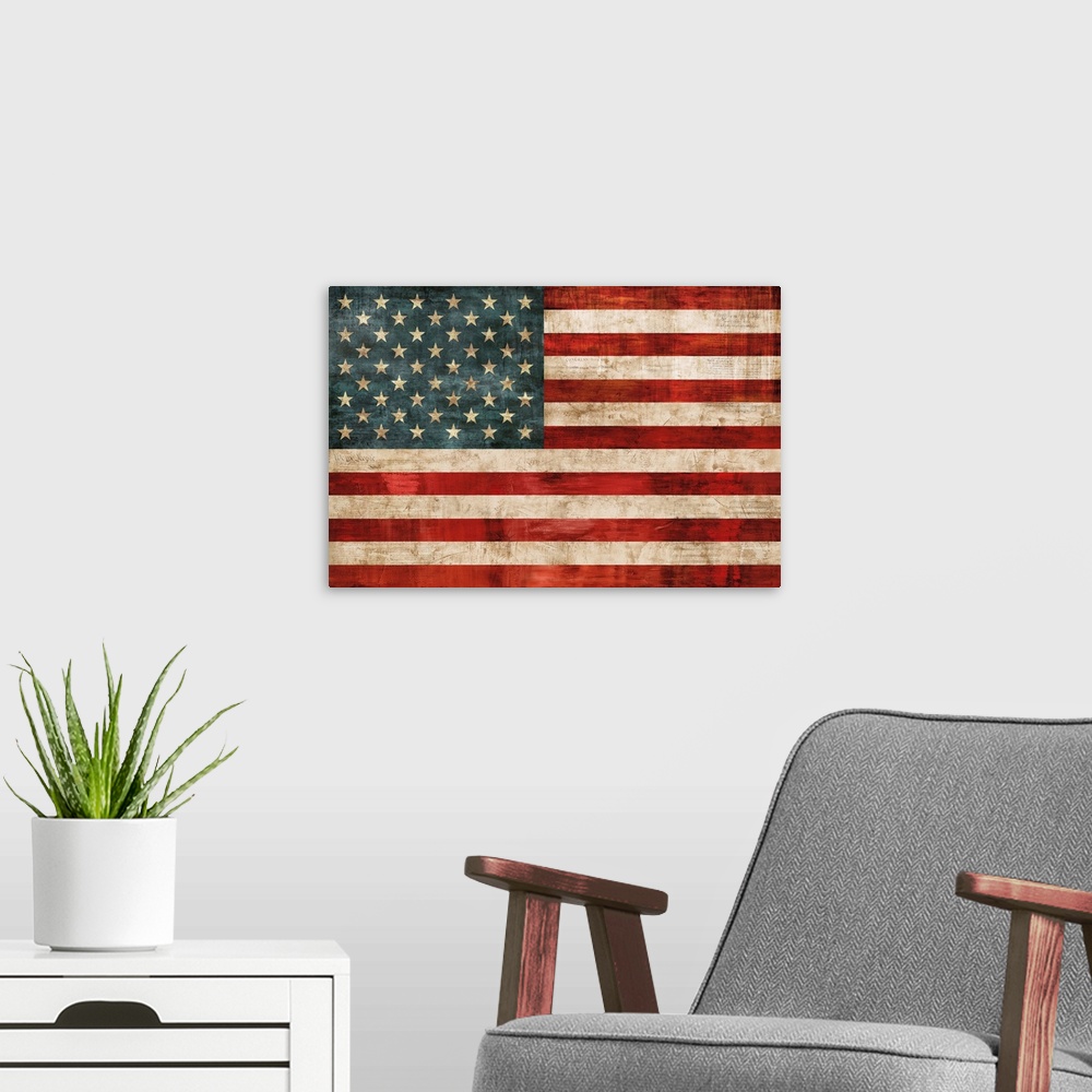 A modern room featuring Weathered flag of the United States