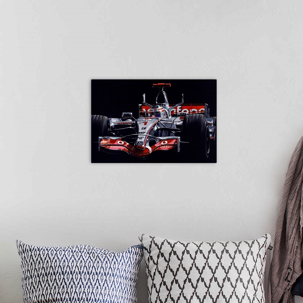 A bohemian room featuring Illustration of a Formula One car on a black background.
