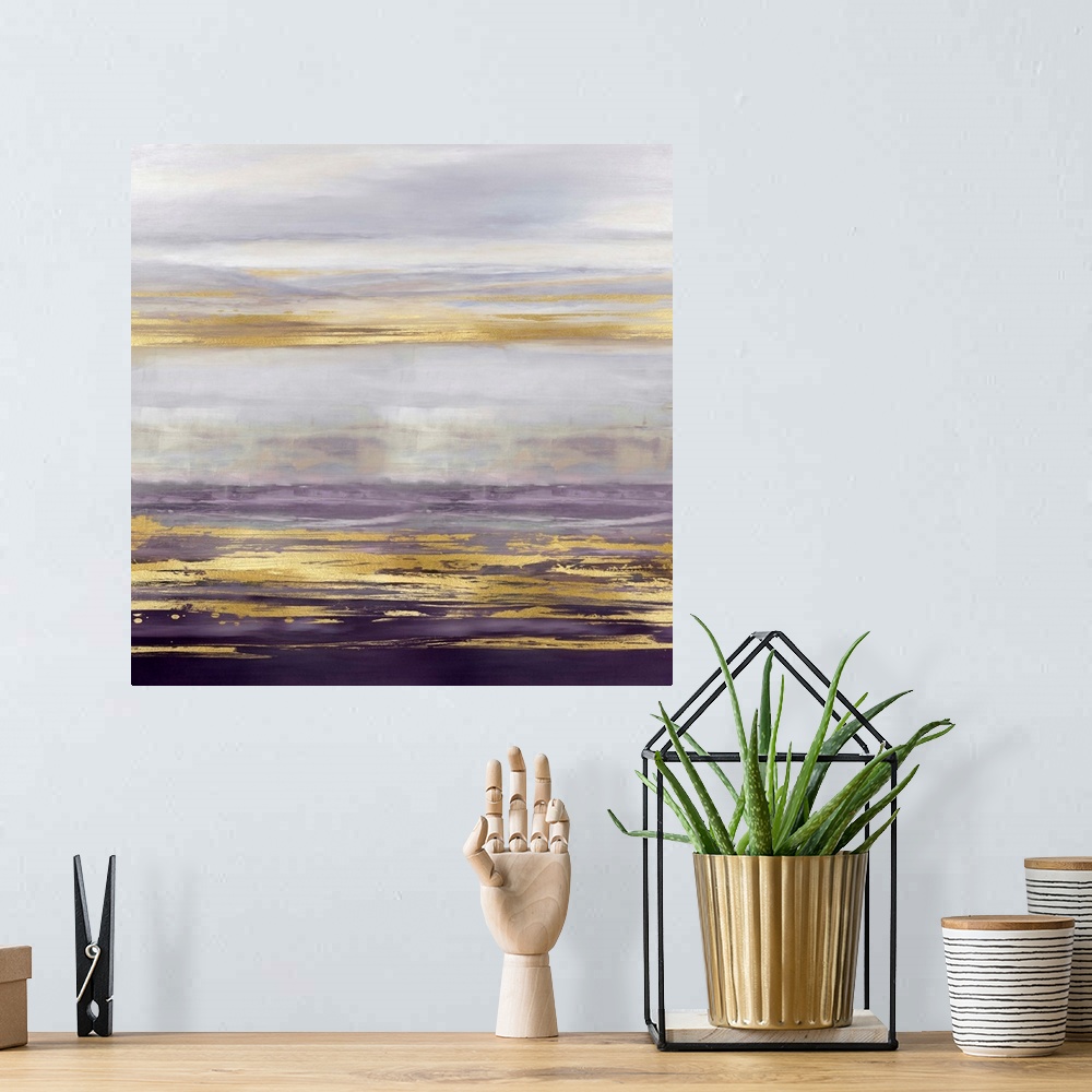 A bohemian room featuring Contemporary artwork featuring three gold brush strokes on a purple gradated background.