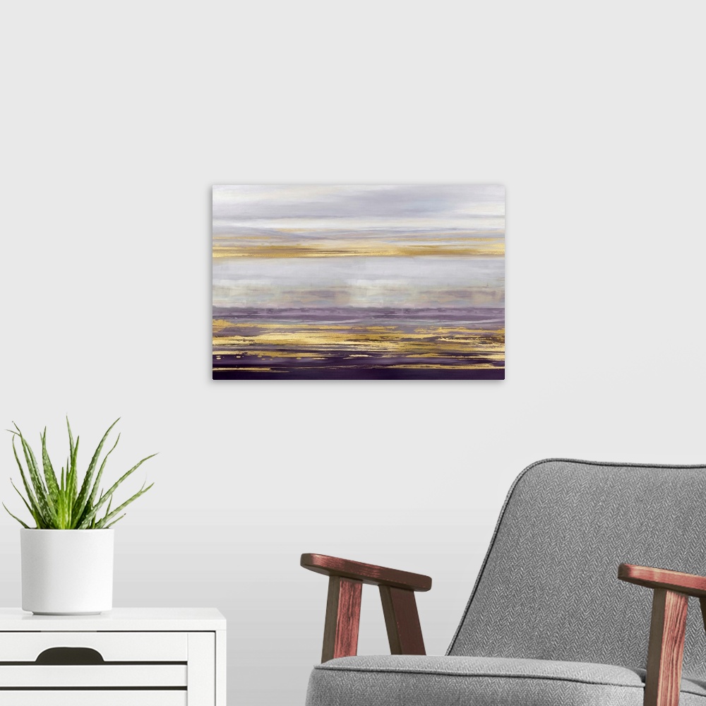 A modern room featuring Contemporary artwork featuring three gold brush strokes on a purple gradated background.