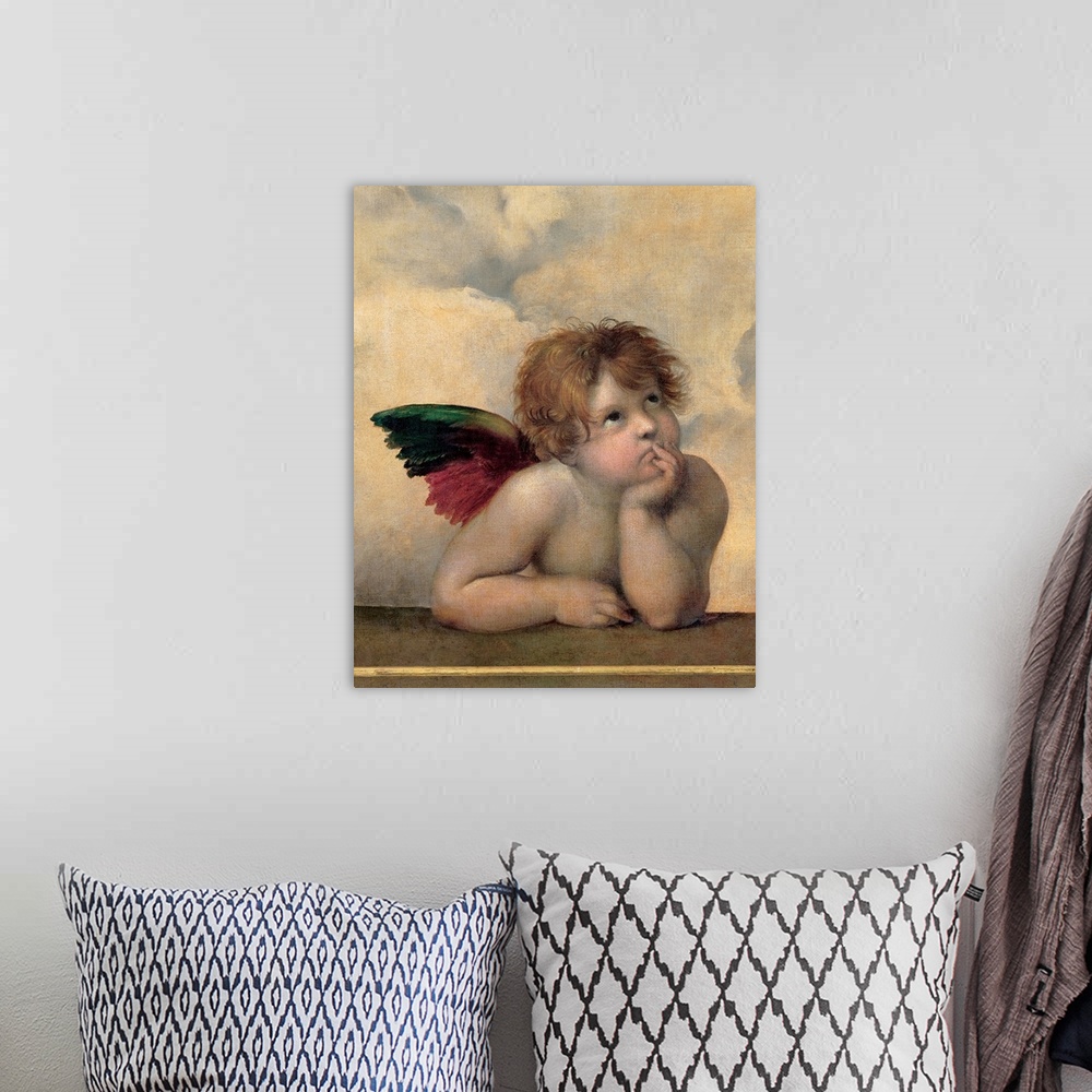A bohemian room featuring Detail from The Sistine Madonna, 1513 by Raphael, of winged cherubim rest on their elbows.