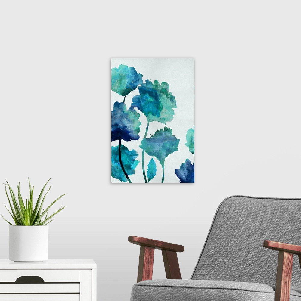 A modern room featuring Painting of floral silhouettes in shades of blue and green on a bright white-gray background.