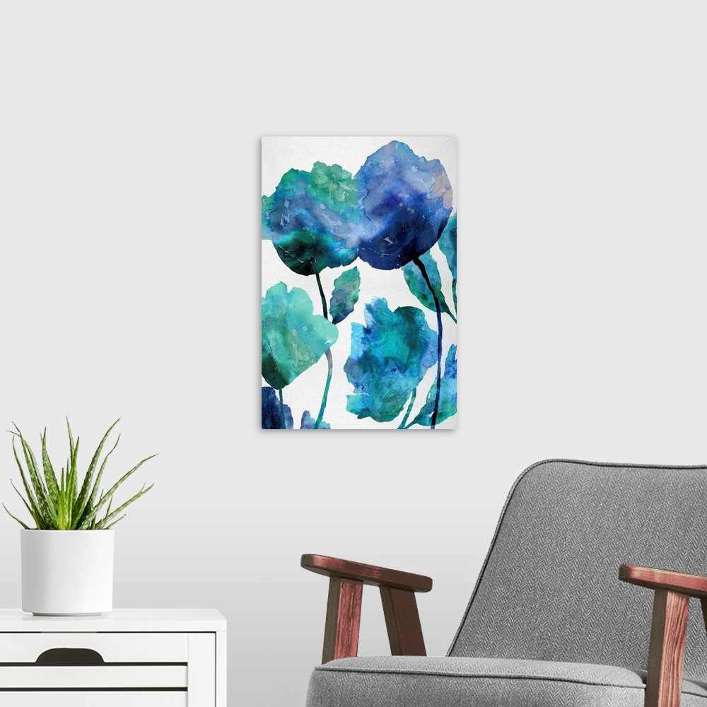 A modern room featuring Painting of floral silhouettes in shades of blue and green on a bright white-gray background.