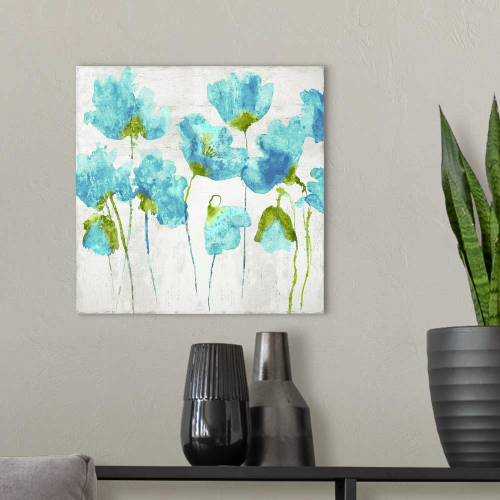 A modern room featuring Blue watercolor poppies against a distressed white background.