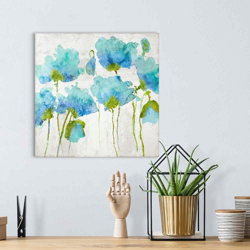 A bohemian room featuring Blue watercolor poppies against a distressed white background.