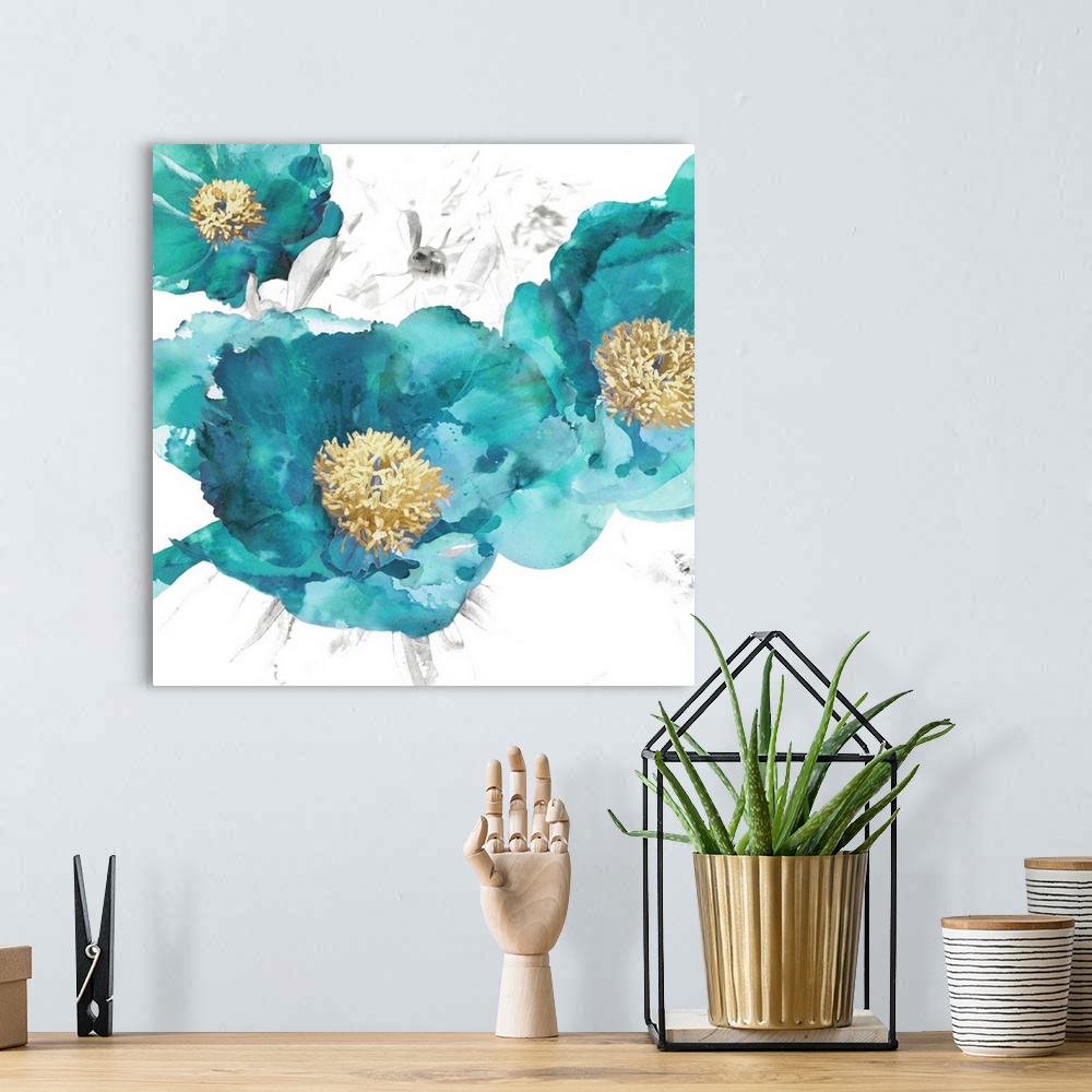 A bohemian room featuring Square decor with aqua colored poppies with gold centers on a white background with light sketches.