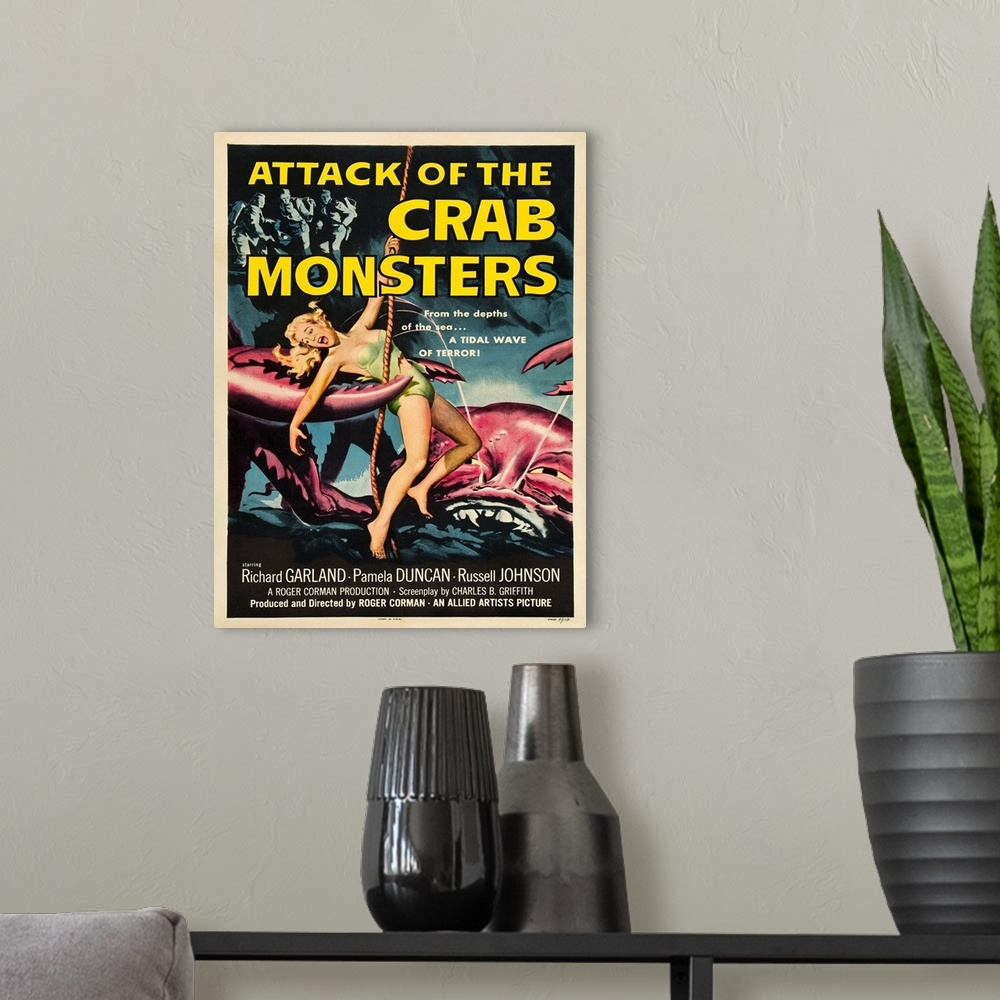 A modern room featuring Vintage movies poster for Attack Of The Crab Monsters.