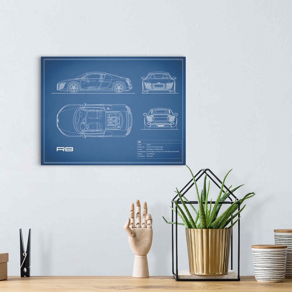 A bohemian room featuring Antique style blueprint diagram of an Audi R8 V10 printed on a Blue background.