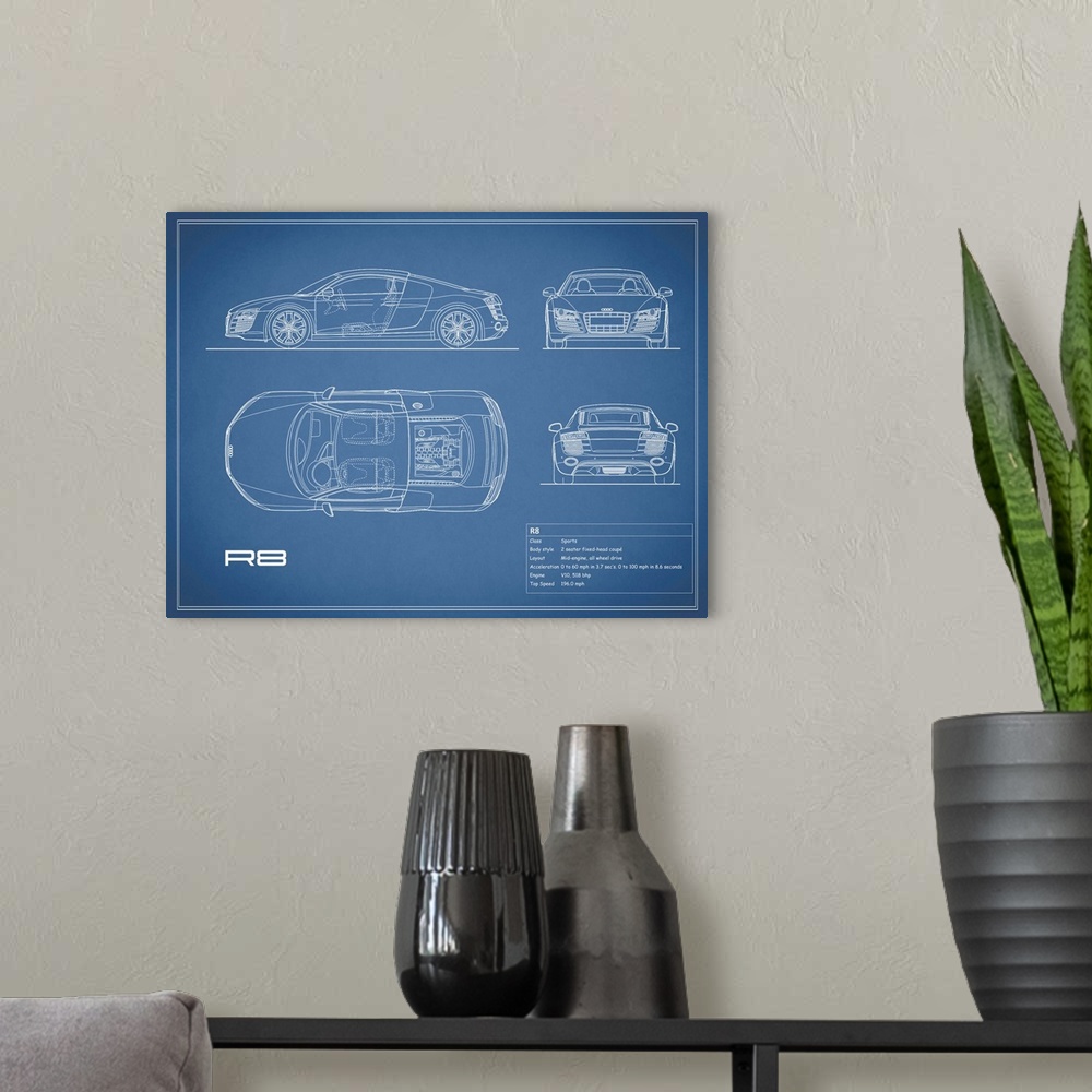 A modern room featuring Antique style blueprint diagram of an Audi R8 V10 printed on a Blue background.