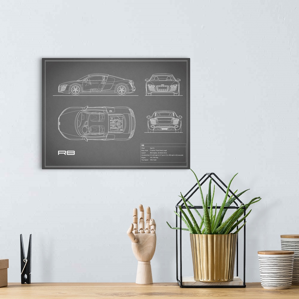 A bohemian room featuring Antique style blueprint diagram of an Audi R8 V10 printed on a Grey background.