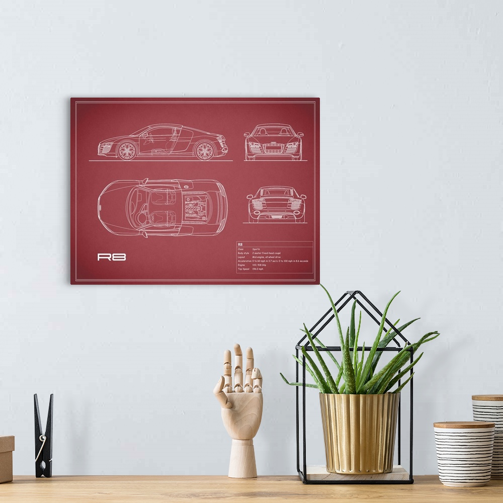 A bohemian room featuring Antique style blueprint diagram of an Audi R8 V10 printed on a Maroon background.