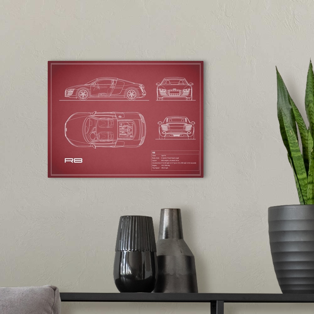 A modern room featuring Antique style blueprint diagram of an Audi R8 V10 printed on a Maroon background.