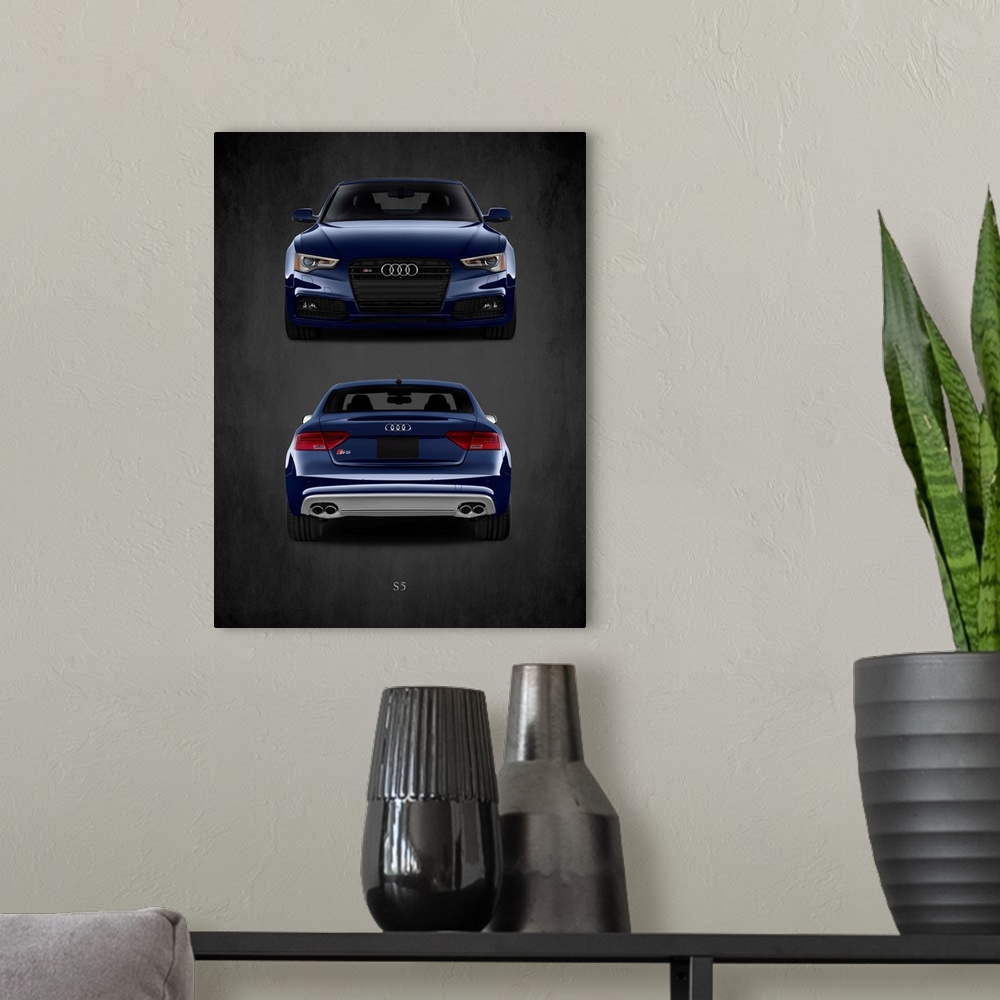 A modern room featuring Photograph of the front and back of a blue Audi S5 printed on a black background with a dark vign...