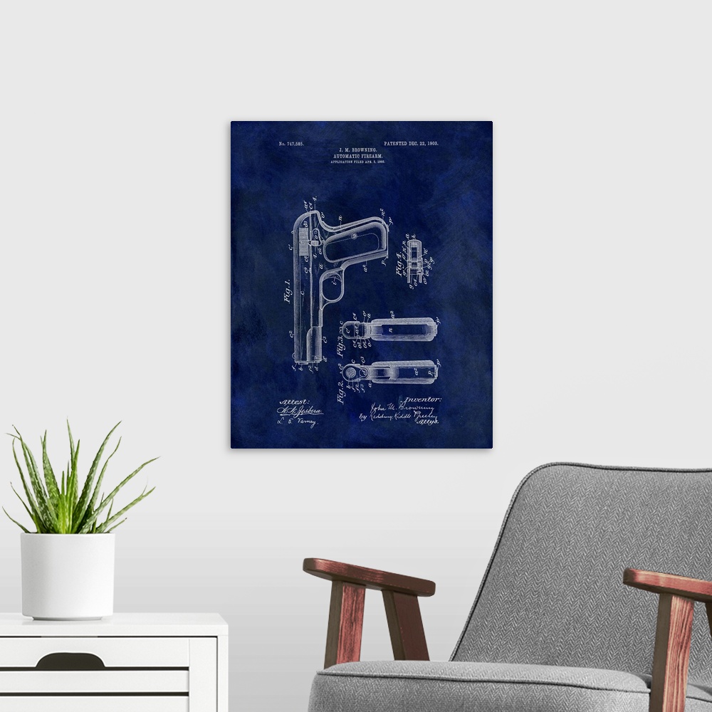 A modern room featuring Antique style blueprint diagram of an Automatic Firearm printed on a blue background.