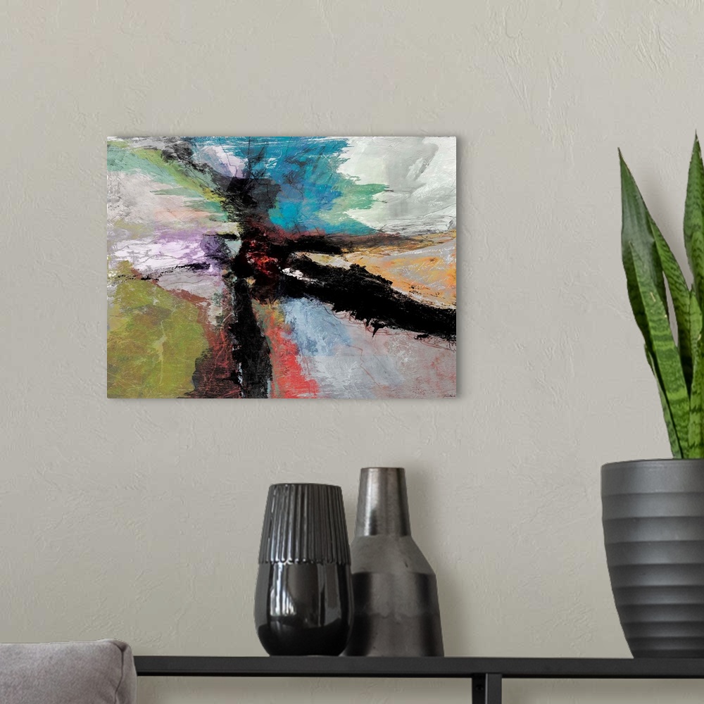 A modern room featuring Colorful abstract painting with bold black brushstrokes moving out from the middle.