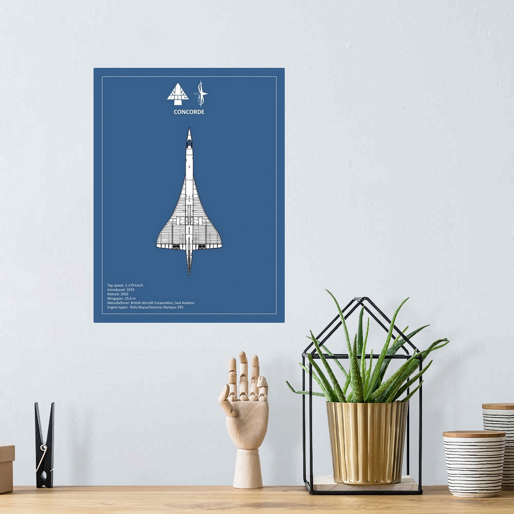 A bohemian room featuring Black and white diagram of a BAE Concorde with written information at the bottom, on a blue backg...