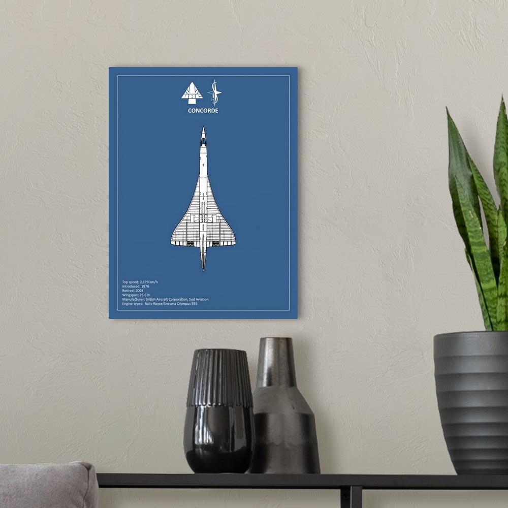 A modern room featuring Black and white diagram of a BAE Concorde with written information at the bottom, on a blue backg...