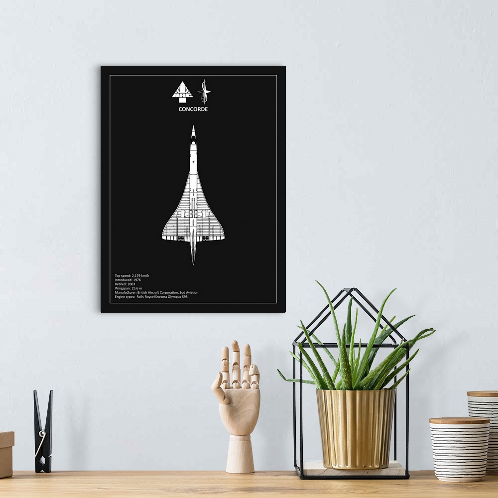 A bohemian room featuring Black and white diagram of a BAE Concorde with written information at the bottom, on a black back...