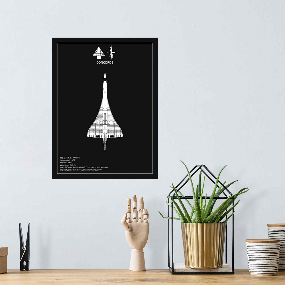 A bohemian room featuring Black and white diagram of a BAE Concorde with written information at the bottom, on a black back...