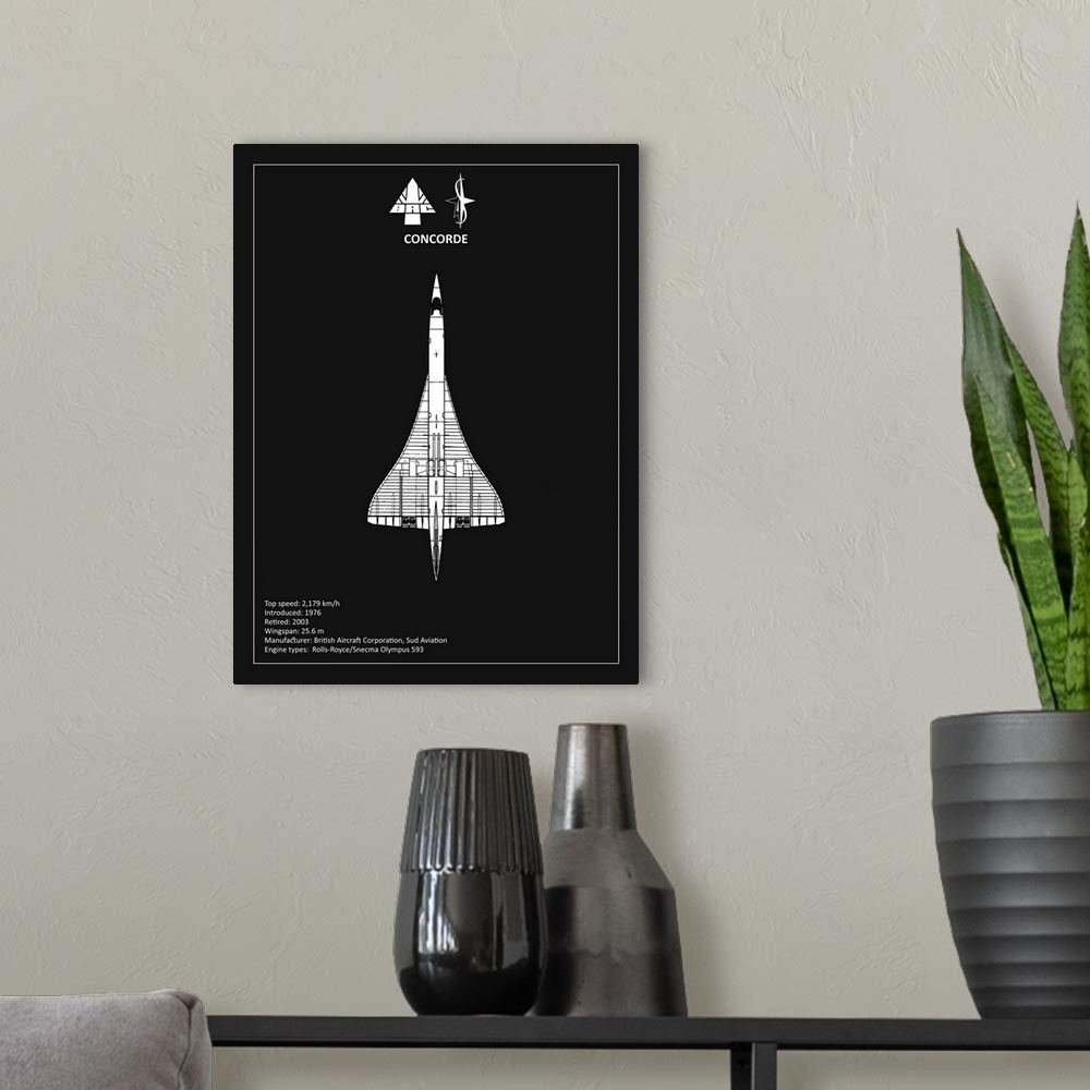 A modern room featuring Black and white diagram of a BAE Concorde with written information at the bottom, on a black back...
