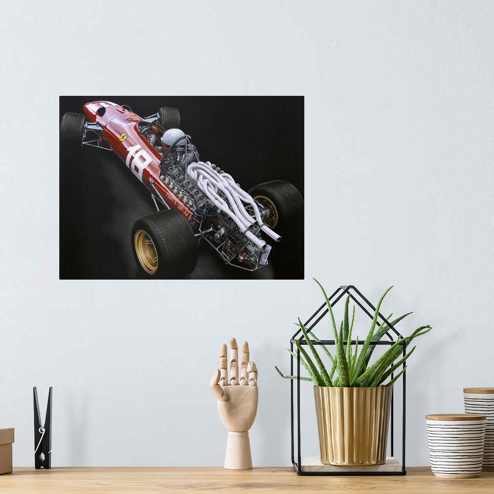 A bohemian room featuring Illustration of a Formula One car on a black background, highlighting the back engine.