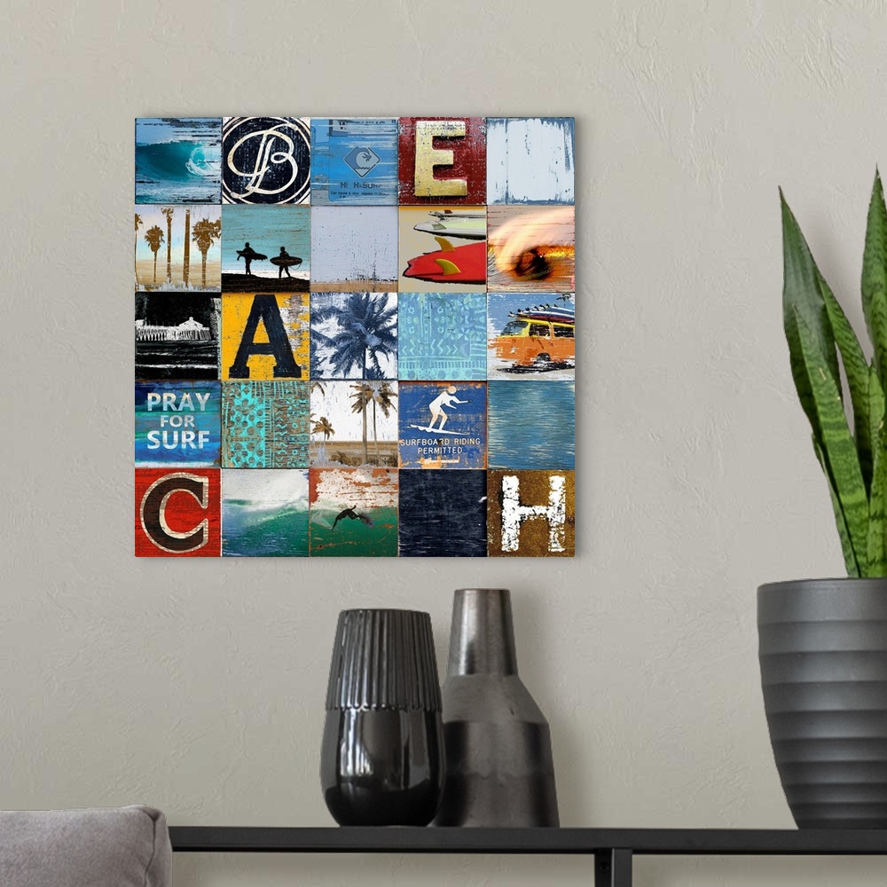 A modern room featuring 25 beach themed squares in rows  with 5 squares having a letter to spell out "Beach"