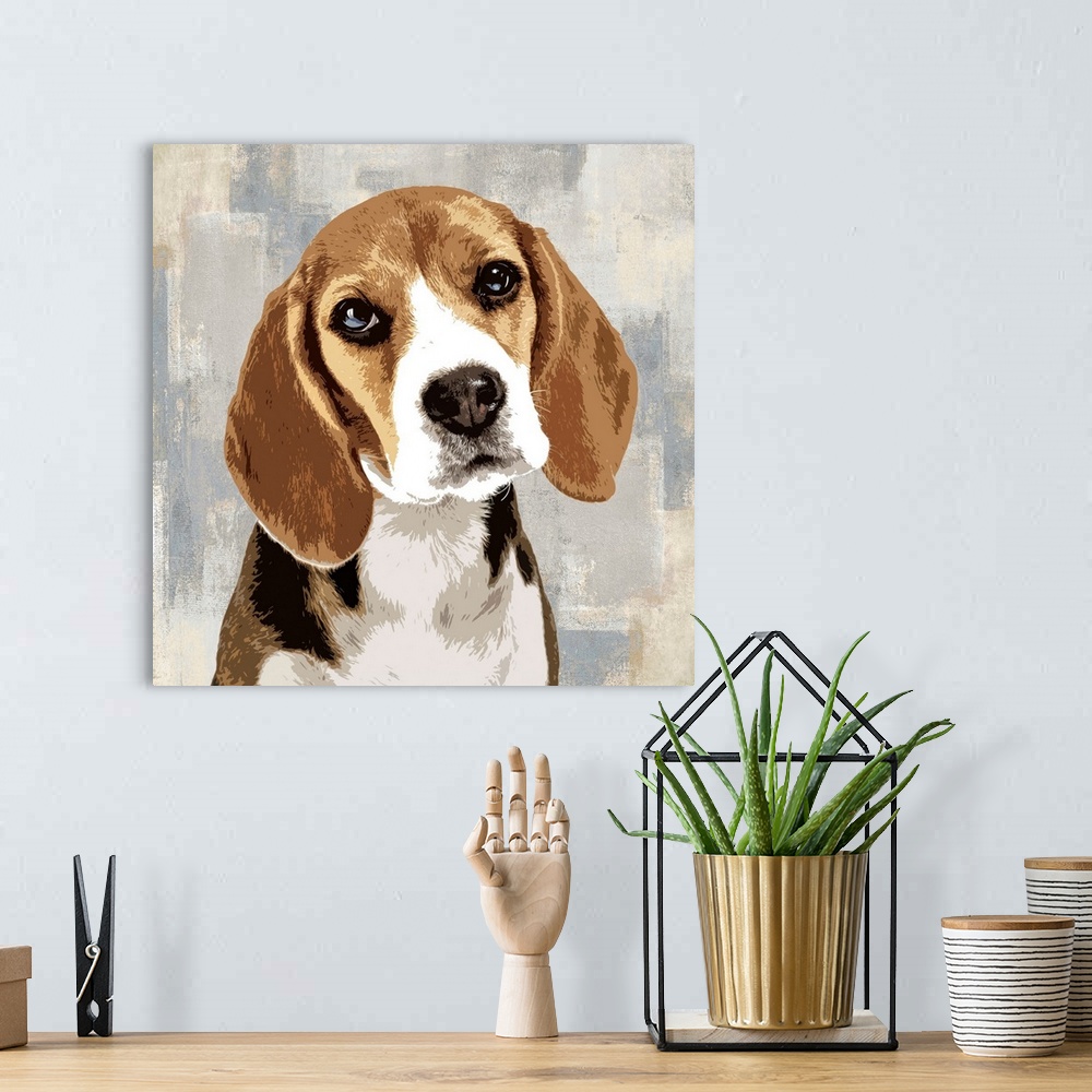A bohemian room featuring Square decor with a portrait of a Beagle on a layered gray, blue, and tan background.