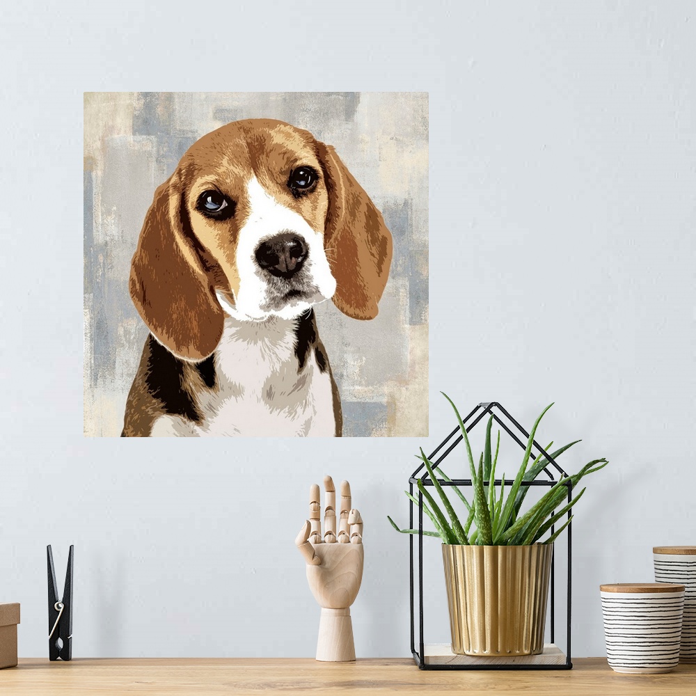 A bohemian room featuring Square decor with a portrait of a Beagle on a layered gray, blue, and tan background.