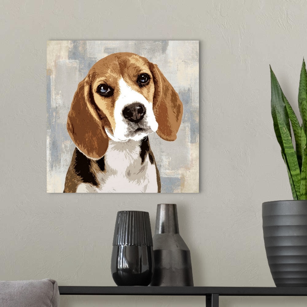 A modern room featuring Square decor with a portrait of a Beagle on a layered gray, blue, and tan background.