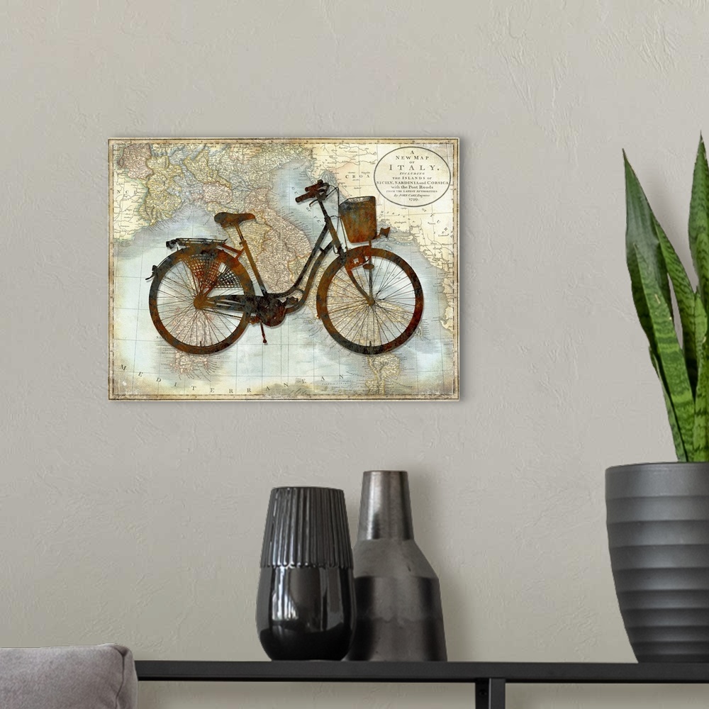 A modern room featuring Vintage decor with a silhouette of a bicycle on top of a map of Italy.