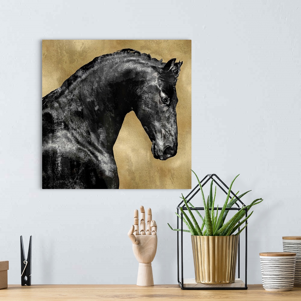 A bohemian room featuring Square decor with a black stallion on a metallic gold background.