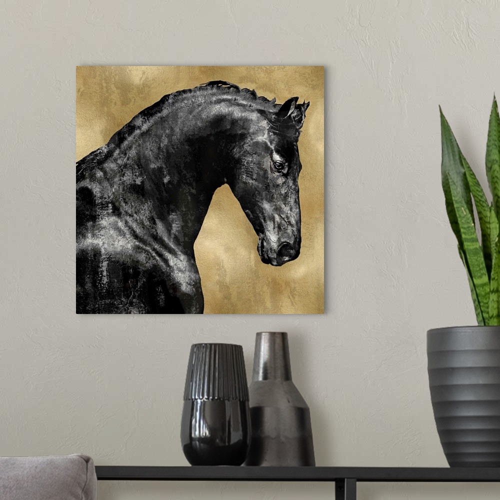 A modern room featuring Square decor with a black stallion on a metallic gold background.