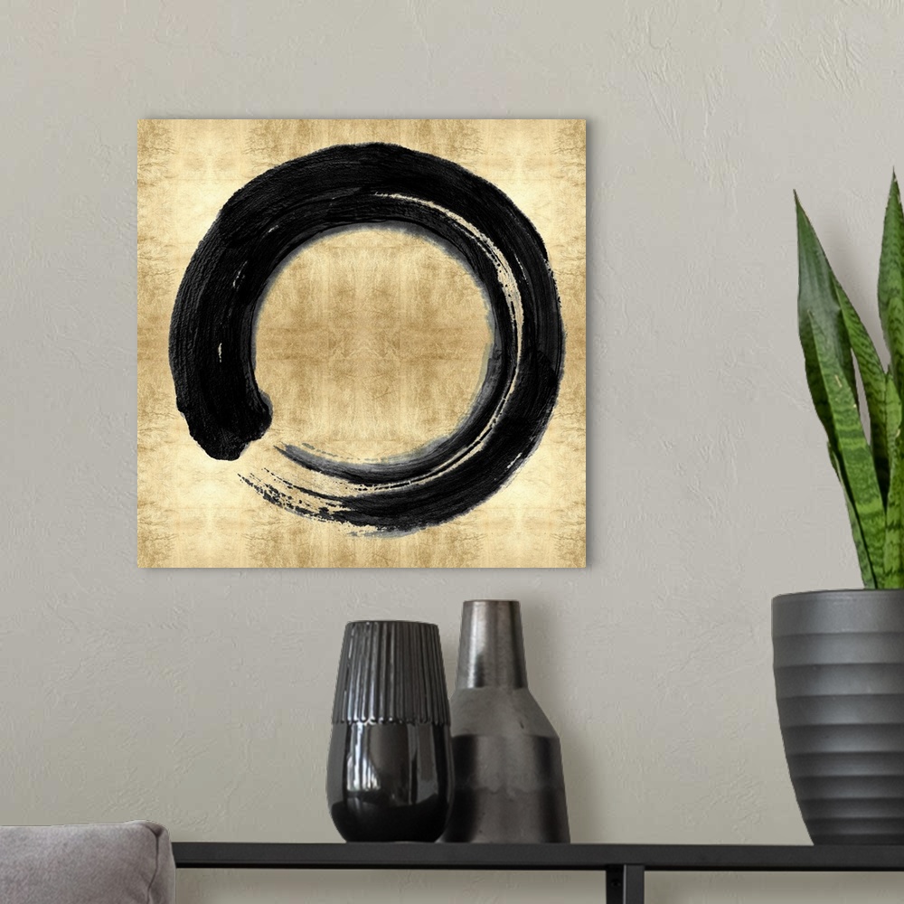A modern room featuring This Zen artwork features a sweeping circular brush stroke in black over a mottled gold color bac...