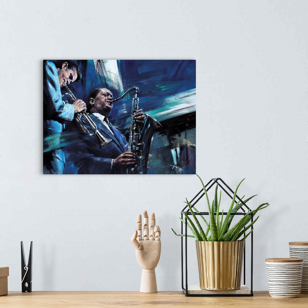 A bohemian room featuring Contemporary painting of Jazz musicians playing the saxophone and trumpet with a bassist in the b...