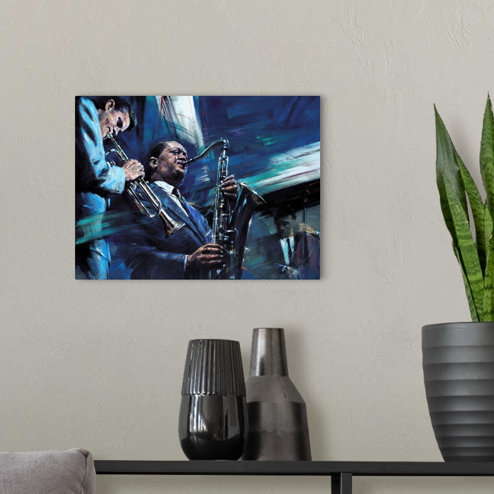 A modern room featuring Contemporary painting of Jazz musicians playing the saxophone and trumpet with a bassist in the b...