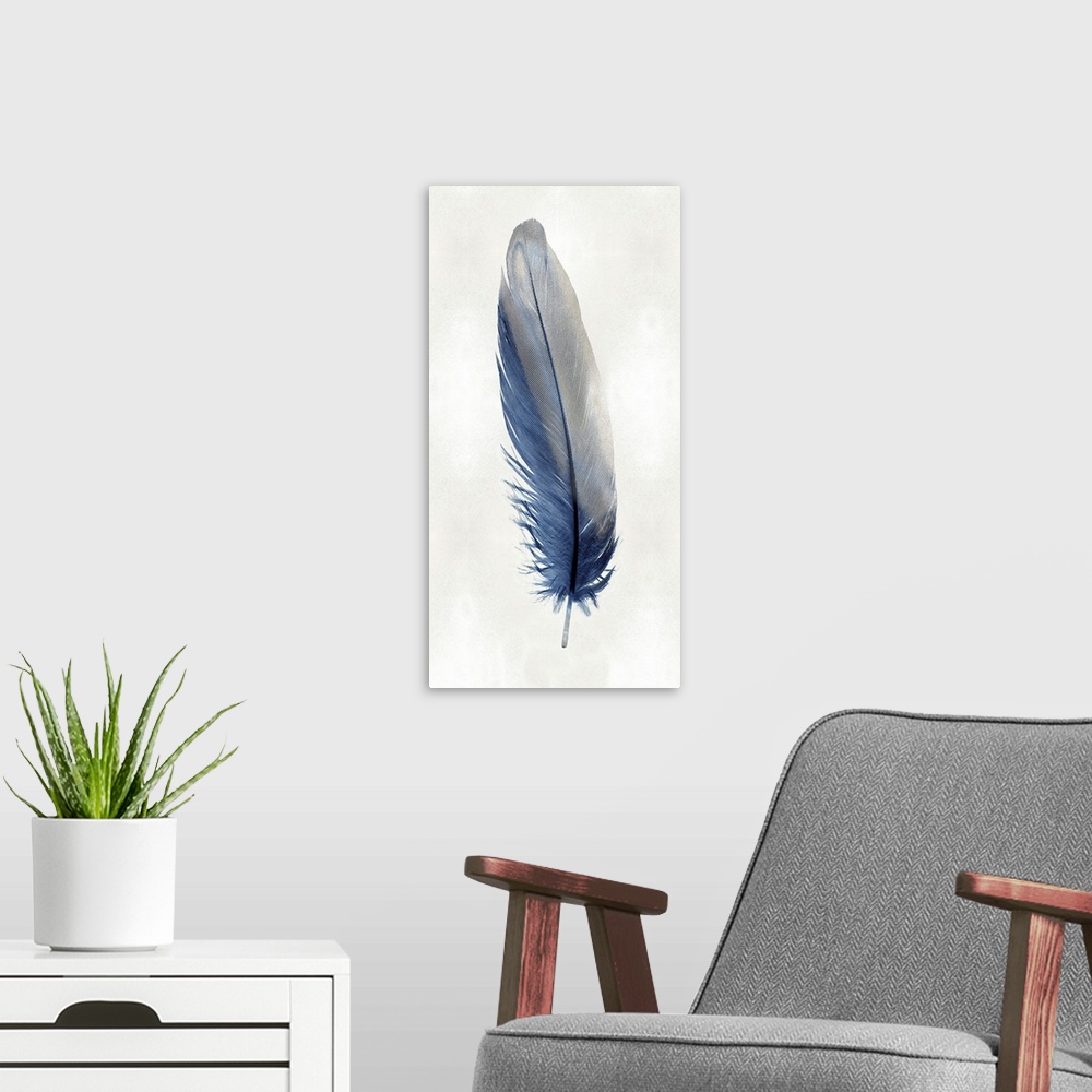 A modern room featuring Illustration of a blue feather with metallic silver on a shiny silver background.