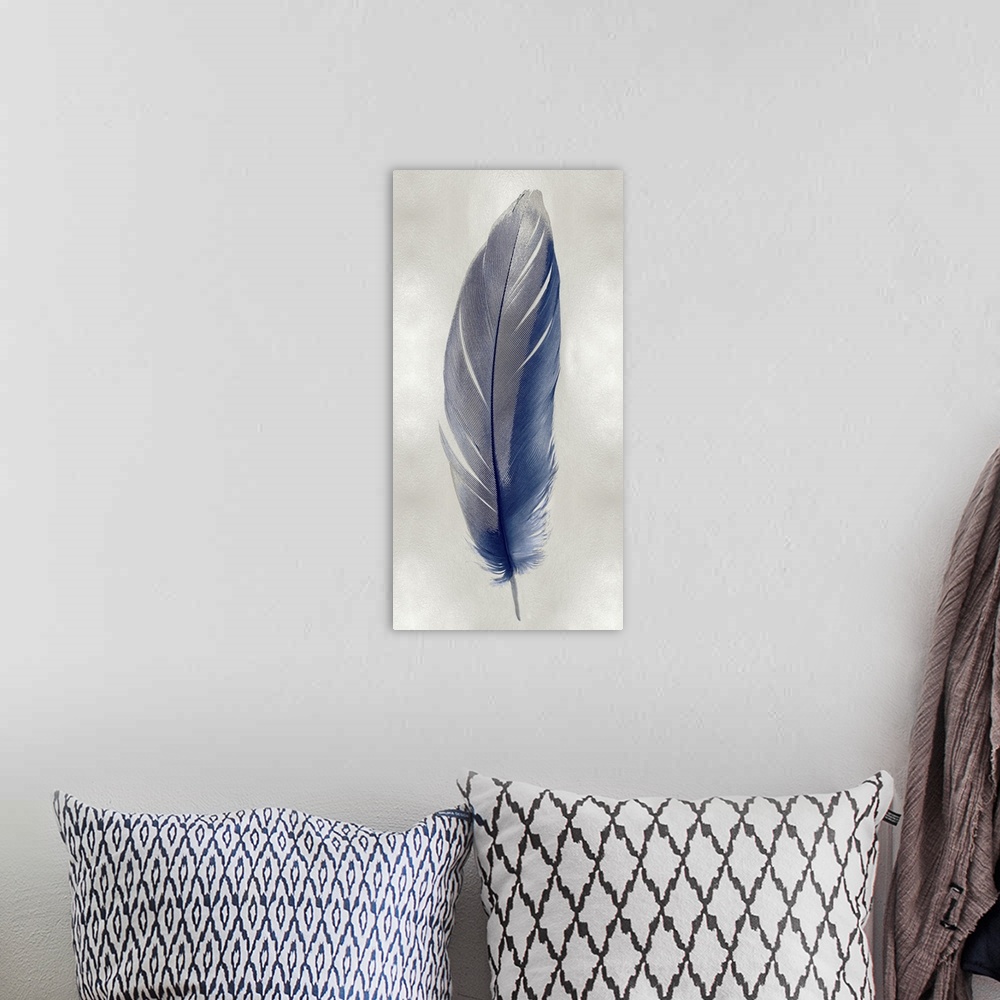 A bohemian room featuring Illustration of a blue feather with metallic silver on a shiny silver background.