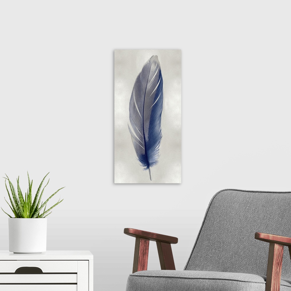 A modern room featuring Illustration of a blue feather with metallic silver on a shiny silver background.