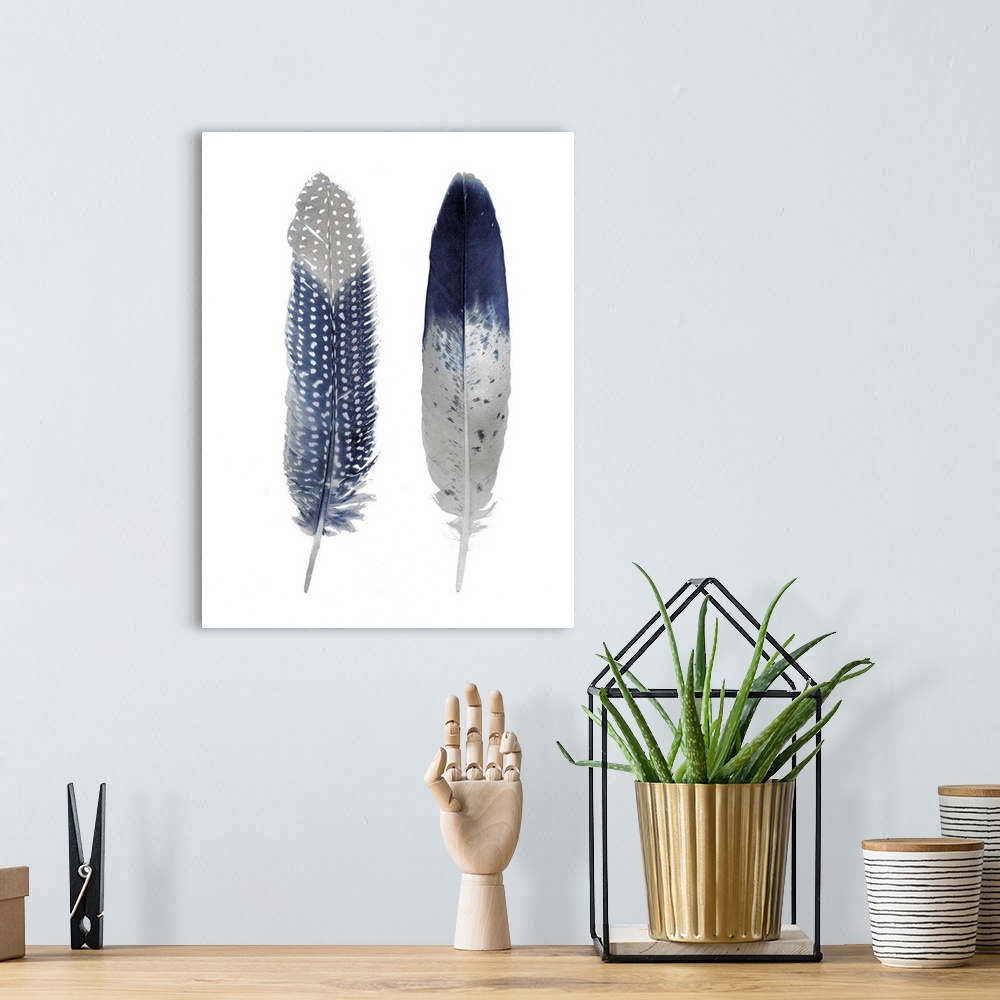 A bohemian room featuring Illustration of two blue feathers with metallic silver on a shiny silver background.