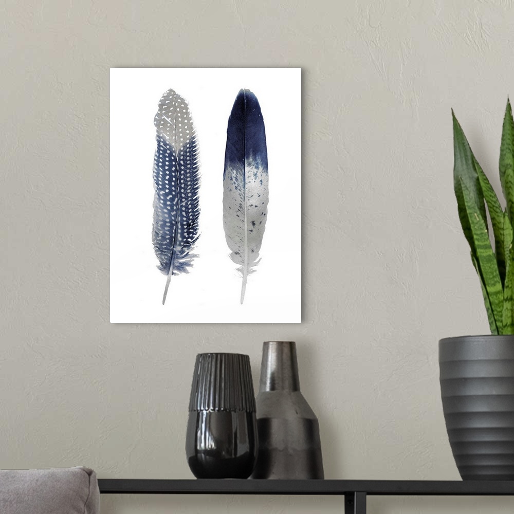 A modern room featuring Illustration of two blue feathers with metallic silver on a shiny silver background.