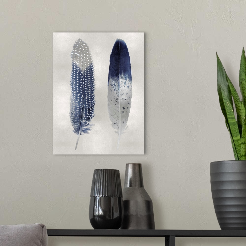 A modern room featuring Illustration of two blue feathers with metallic silver on a shiny silver background.